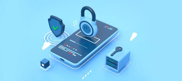 Mobile showing data security and privacy with lock and key in remote testing