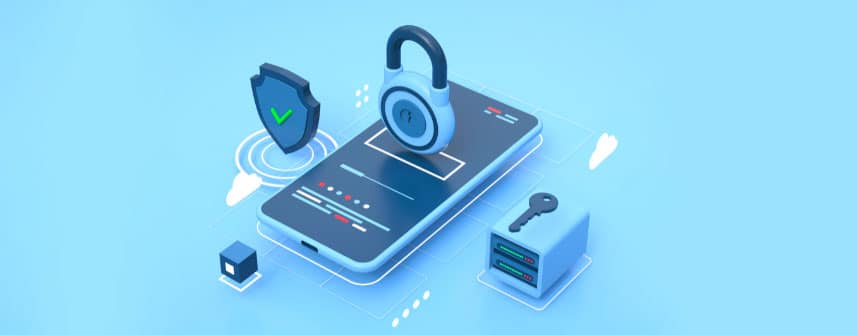 Mobile showing data security and privacy with lock and key in remote testing